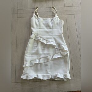 Hello Molly White Asymmetrical Ruffled Sheath Dress